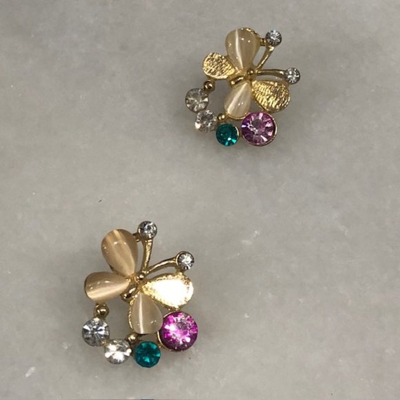 Gold Butterfly Earrings With Colorful Diamonds - Picture 3 of 4